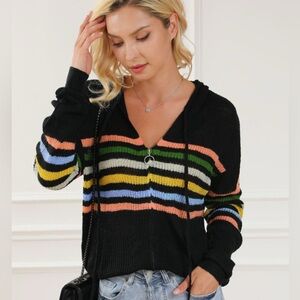 3 Pack - Colorful Striped Detail Zip Up Hooded Distressed Hem V Neck Sweater